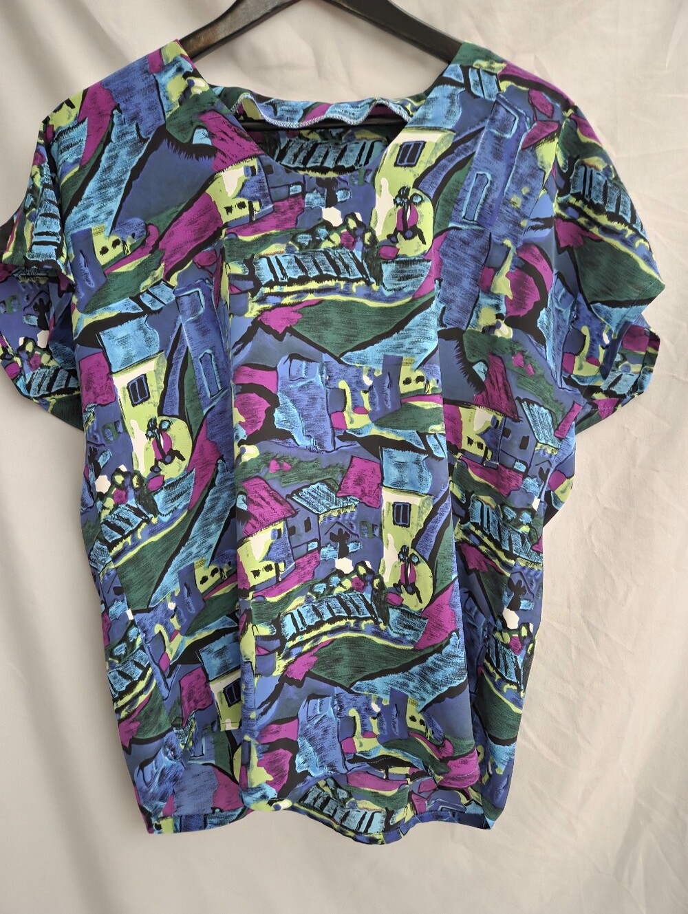 Vintage Abstract Village Print Short Sleeve Blouse